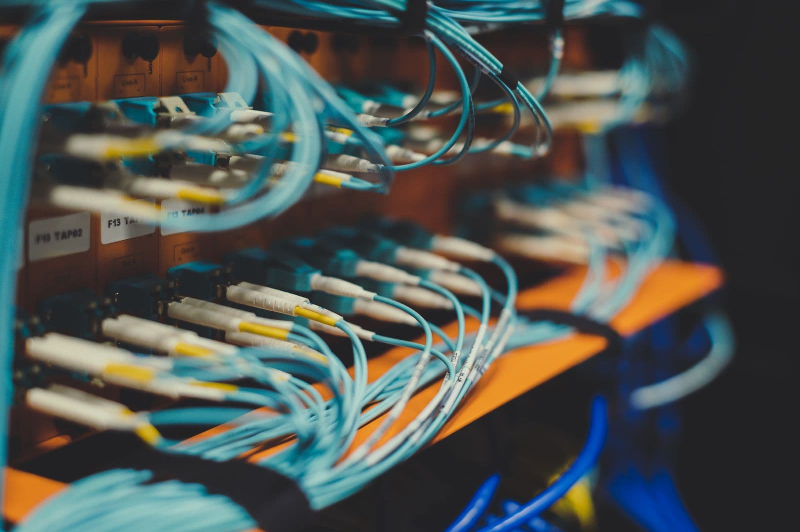 Fibre and network cables plugged into a switch